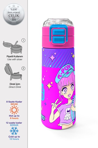 Coral High Kids Mor Pembe Mavi K-PopDesenli Pipetli ve Direkt İçim Çelik Termos 500 ml 31831 - 1