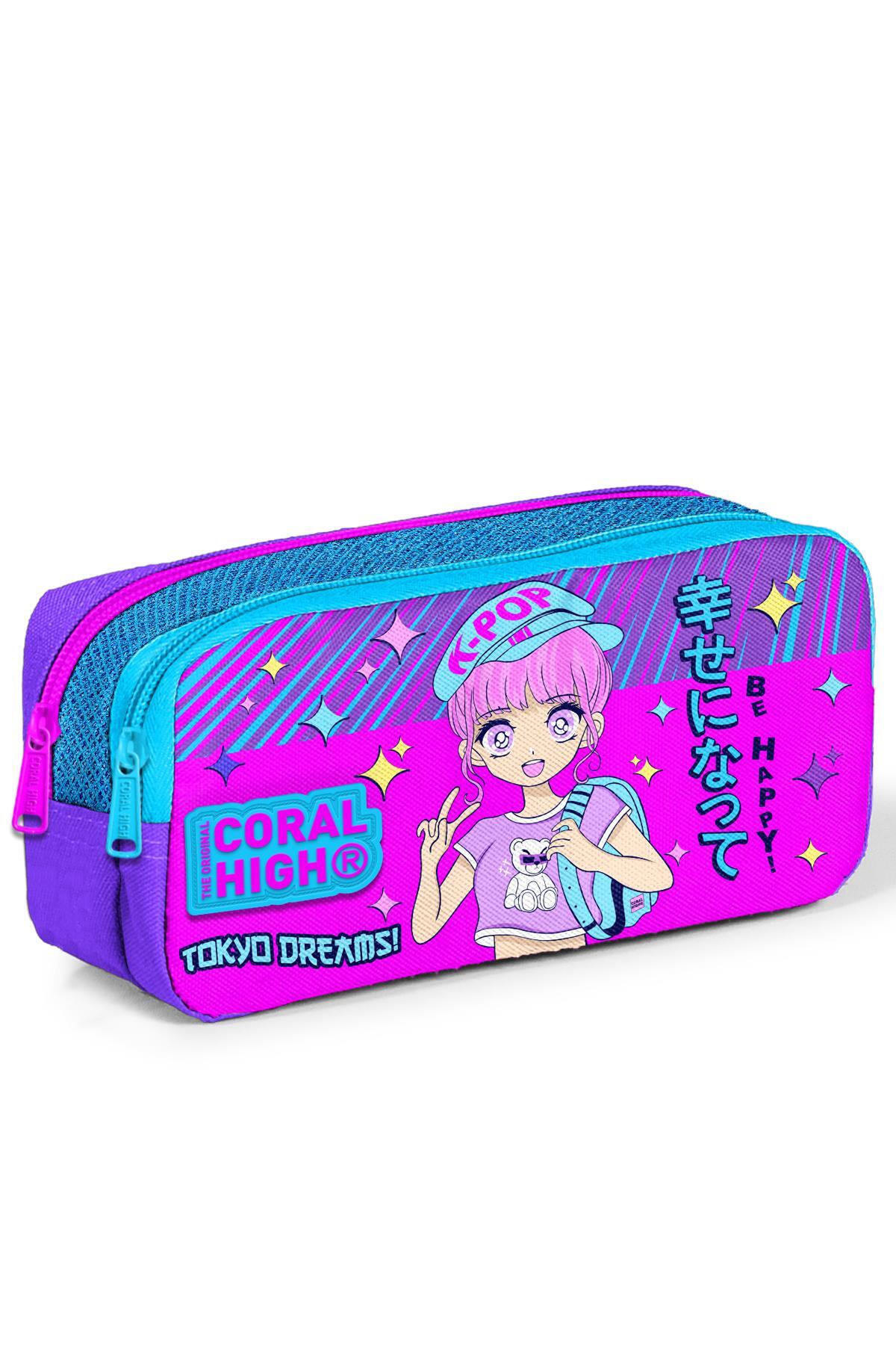 Coral High Kids Mor Pembe Mavi Simli K-Pop Desenli İki Bölmeli Kalem Çantası 12064