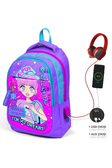 Coral High Kids Mor Pembe Mavi Simli K-Pop Desenli Üç Bölmeli USB'li Okul Sırt Çantası 24316 - Coral High KIDS