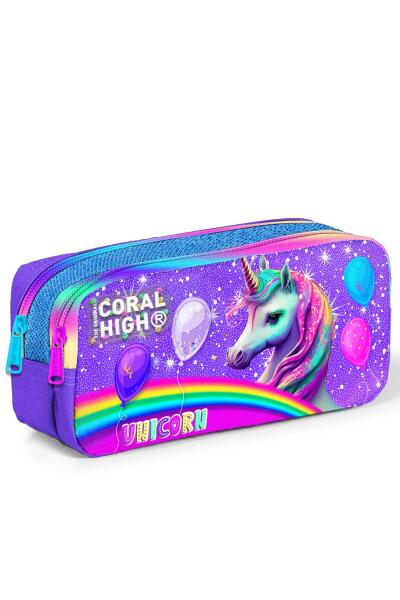 Coral High Kids Mor Pembe Simli Unicorn Desenli İki Bölmeli Kalem Çantası 12073 - 3