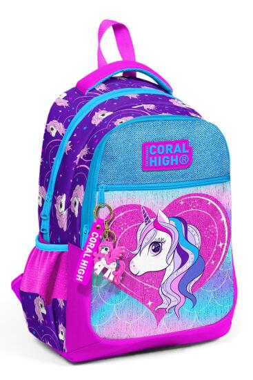 Coral High Kids Mor Pembe Unicorn Desenli Simli Üç Bölmeli Okul Sırt Çantası 23492 