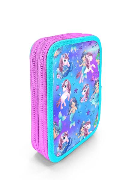 Coral High Kids Mor Pembe Unicorn Deniz Kızı Desenli Çift Katlı Kalem Çanta 11138 - 3