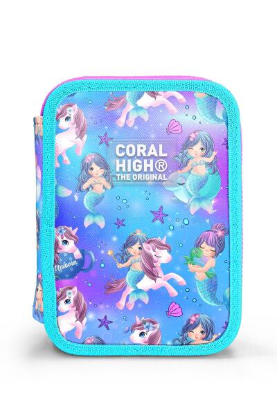Coral High Kids Mor Pembe Unicorn Deniz Kızı Desenli Çift Katlı Kalem Çanta 11138 - 10