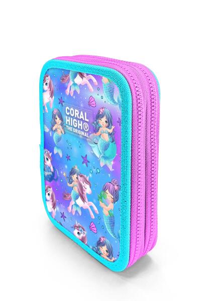 Coral High Kids Mor Pembe Unicorn Deniz Kızı Desenli Çift Katlı Kalem Çanta 11138 - 2