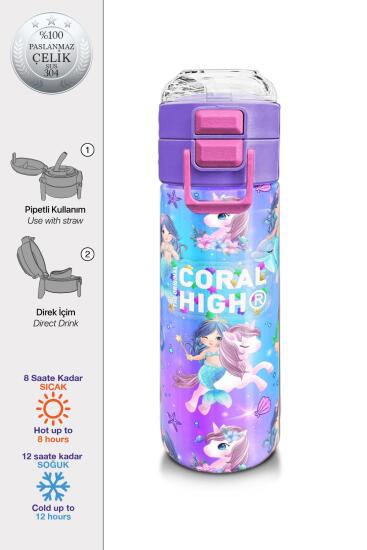 Coral High Kids Mor Pembe Unicorn Deniz Kızı Desenli Pipetli ve Direkt İçim Çelik Termos 500 ml 31982 - Coral High KIDS