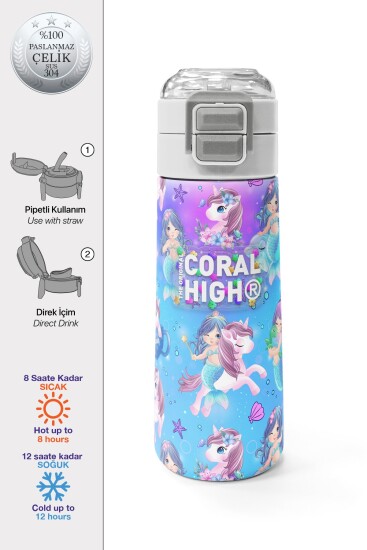 Coral High Kids Mor Pembe Unicorn Deniz Kızı Desenli Pipetli ve Direkt İçim Çelik Termos 500 ml 31982 - Coral High KIDS