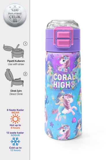 Coral High Kids Mor Pembe Unicorn Deniz Kızı Desenli Pipetli ve Direkt İçim Çelik Termos 500 ml 31982 - Coral High KIDS