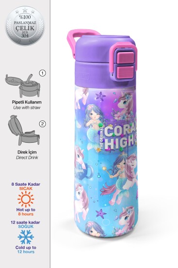 Coral High Kids Mor Pembe Unicorn Deniz Kızı Desenli Pipetli ve Direkt İçim Çelik Termos 500 ml 31982 