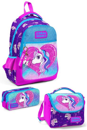 Coral High Kids Mor Pembe Unicorn Desenli 3’lü Okul Çanta Seti SET0123492 