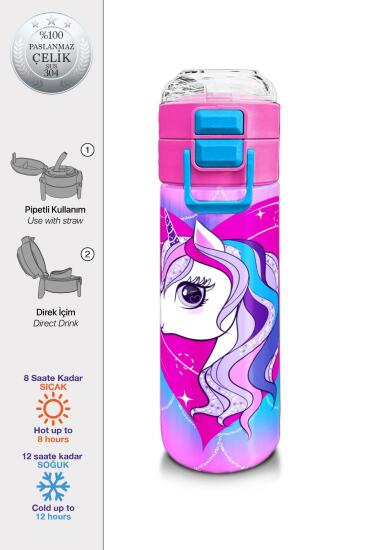 Coral High Kids Mor Pembe Unicorn Desenli Pipetli ve Direkt İçim Çelik Termos 500 ml 31807 - Coral High KIDS