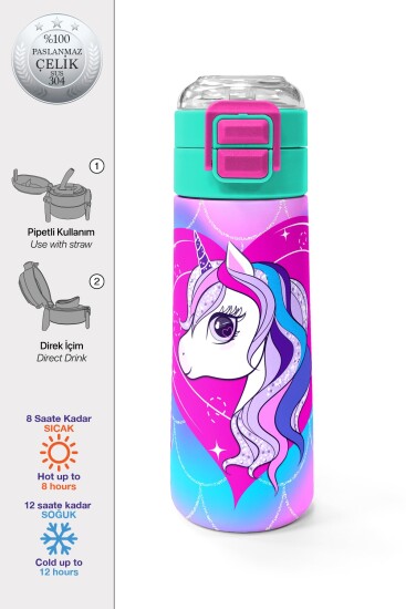 Coral High Kids Mor Pembe Unicorn Desenli Pipetli ve Direkt İçim Çelik Termos 500 ml 31807 