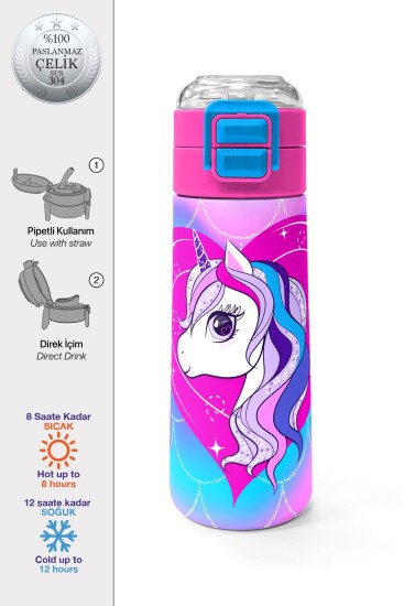 Coral High Kids Mor Pembe Unicorn Desenli Pipetli ve Direkt İçim Çelik Termos 500 ml 31807 