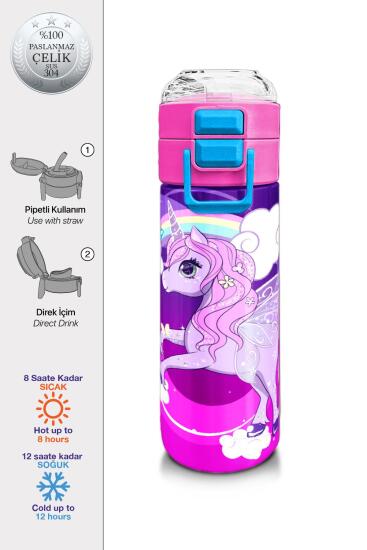 Coral High Kids Mor Pembe Unicorn Desenli Pipetli ve Direkt İçim Çelik Termos 500 ml 31923 - Coral High KIDS