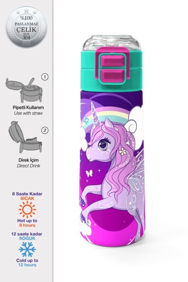Coral High Kids Mor Pembe Unicorn Desenli Pipetli ve Direkt İçim Çelik Termos 500 ml 31923 