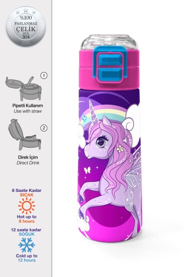 Coral High Kids Mor Pembe Unicorn Desenli Pipetli ve Direkt İçim Çelik Termos 500 ml 31923 - Coral High KIDS