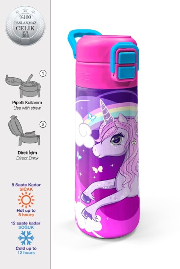 Coral High Kids Mor Pembe Unicorn Desenli Pipetli ve Direkt İçim Çelik Termos 500 ml 31923 