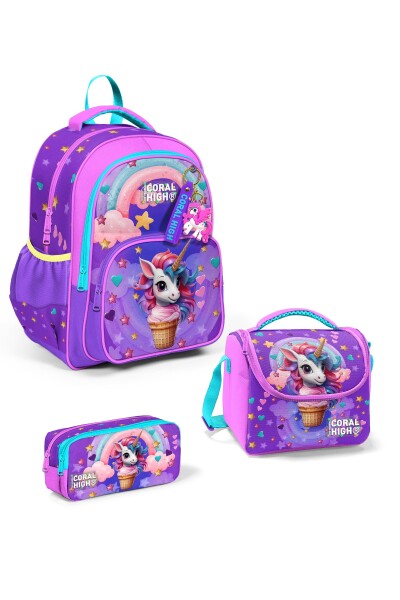 Coral High Kids Mor Pembe Unicorn Dondurma Desenli 3’lü Okul Çanta Seti SET0114421 - 1