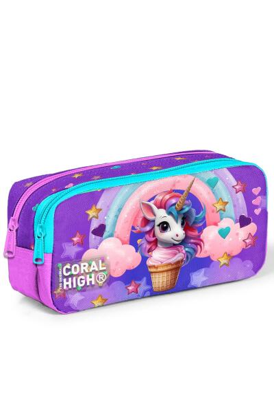 Coral High Kids Mor Pembe Unicorn Dondurma Desenli İki Bölmeli Kalem Çantası 12095 - 1