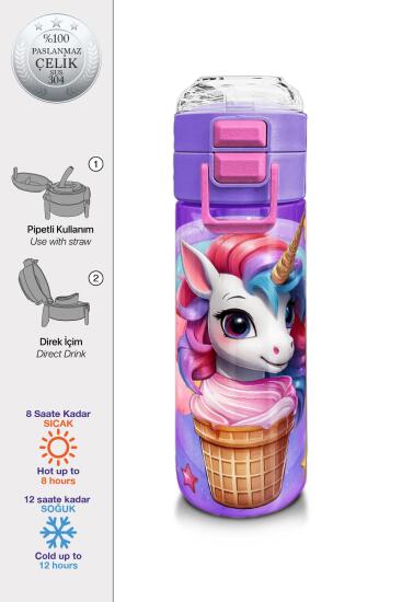 Coral High Kids Mor Pembe Unicorn Dondurma Desenli Pipetli ve Direkt İçim Çelik Termos 500 ml 31859 - Coral High KIDS
