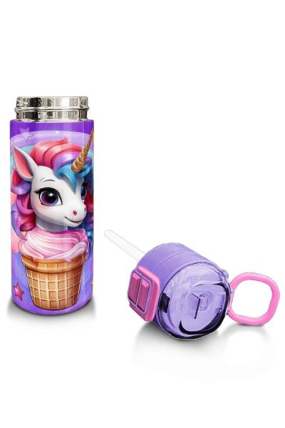 Coral High Kids Mor Pembe Unicorn Dondurma Desenli Pipetli ve Direkt İçim Çelik Termos 500 ml 31859 - 4
