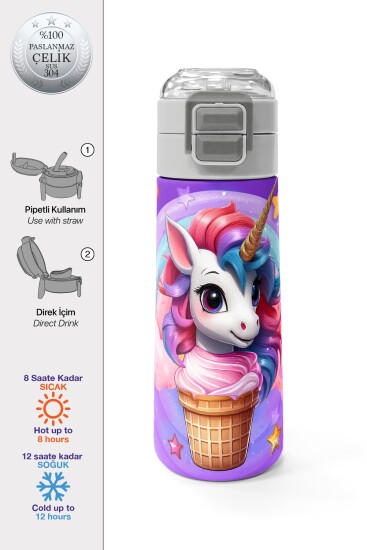 Coral High Kids Mor Pembe Unicorn Dondurma Desenli Pipetli ve Direkt İçim Çelik Termos 500 ml 31859 