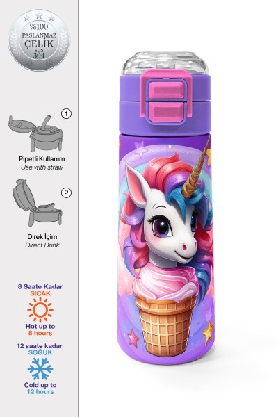 Coral High Kids Mor Pembe Unicorn Dondurma Desenli Pipetli ve Direkt İçim Çelik Termos 500 ml 31859 - 1