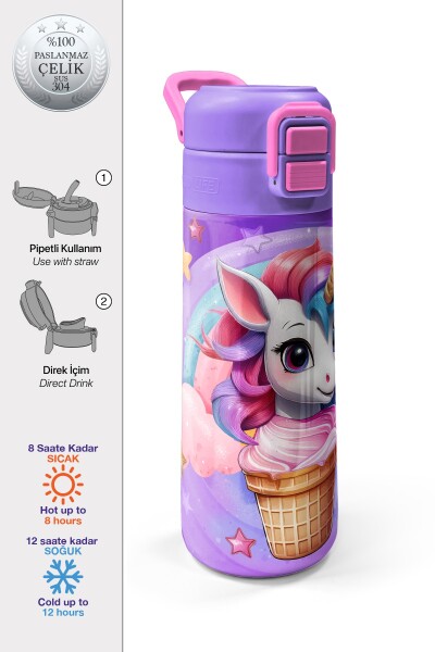 Coral High Kids Mor Pembe Unicorn Dondurma Desenli Pipetli ve Direkt İçim Çelik Termos 500 ml 31859 - 1