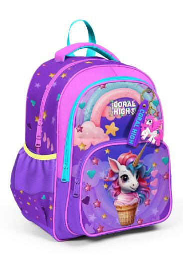 Coral High Kids Mor Pembe Unicorn Dondurma Desenli Üç Bölmeli Okul Sırt Çantası 14421 
