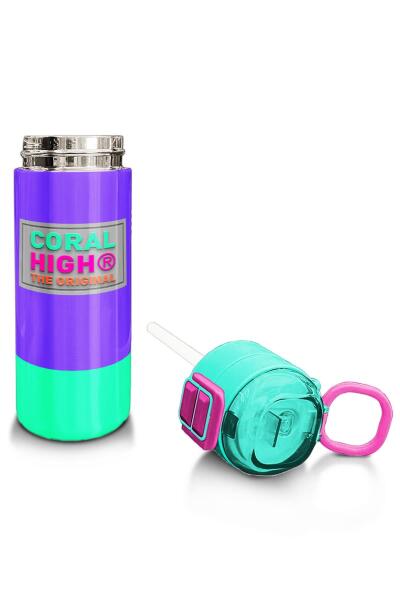 Coral High Kids Mor Renk Detaylı Desenli Pipetli ve Direkt İçim Çelik Termos 500 ml 31941 - 4