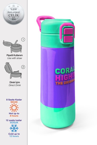 Coral High Kids Mor Renk Detaylı Desenli Pipetli ve Direkt İçim Çelik Termos 500 ml 31941 - Coral High KIDS