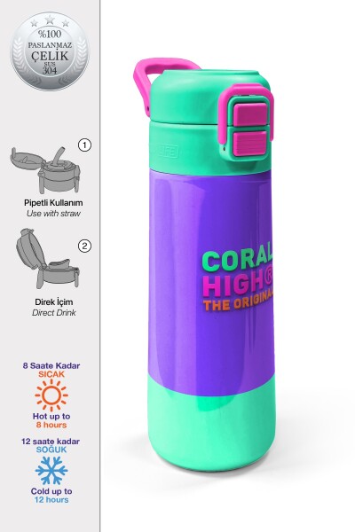 Coral High Kids Mor Renk Detaylı Desenli Pipetli ve Direkt İçim Çelik Termos 500 ml 31941 - 1