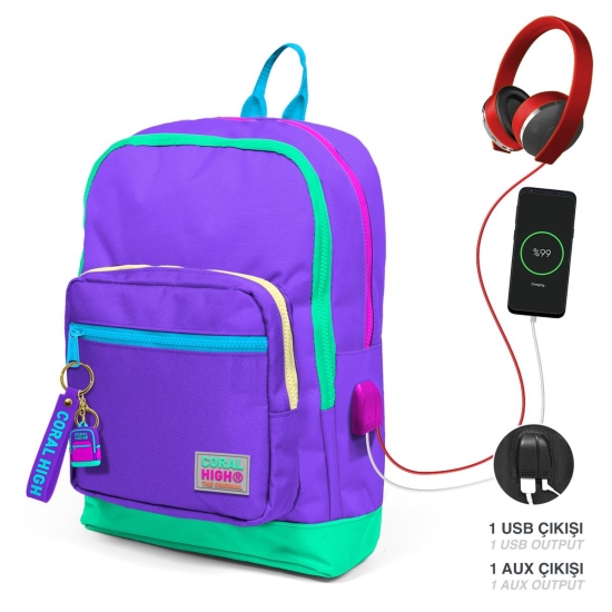 Coral High Kids Mor Renk Detaylı Dört Bölmeli USB Şarjlı Kulaklık Çıkışlı Okul Sırt Çantası 23834 