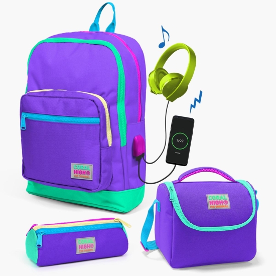 Coral High Kids Mor Renk Detaylı USB'li 3’lü Okul Çanta Seti SET0123834 