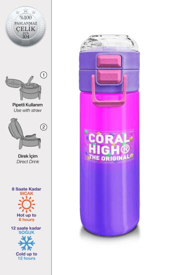 Coral High Kids Mor Renk Geçişli Desenli Pipetli ve Direkt İçim Çelik Termos 500 ml 31963 - Coral High KIDS