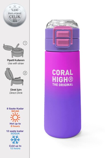 Coral High Kids Mor Renk Geçişli Desenli Pipetli ve Direkt İçim Çelik Termos 500 ml 31963 - Coral High KIDS