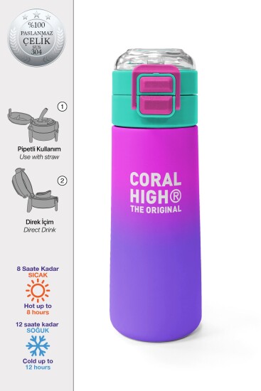 Coral High Kids Mor Renk Geçişli Desenli Pipetli ve Direkt İçim Çelik Termos 500 ml 31963 - Coral High KIDS