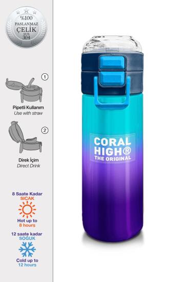 Coral High Kids Mor Renk Geçişli Desenli Pipetli ve Direkt İçim Çelik Termos 500 ml 31964 - Coral High KIDS