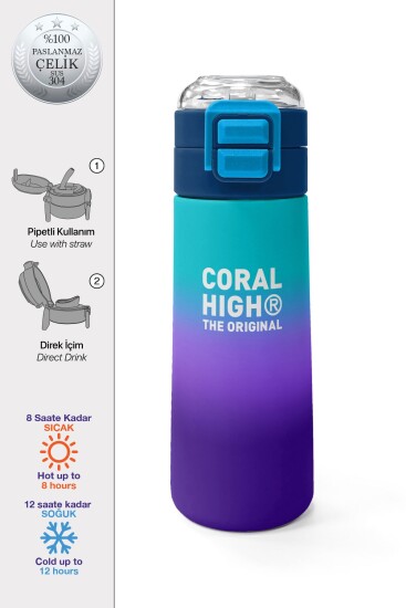 Coral High Kids Mor Renk Geçişli Desenli Pipetli ve Direkt İçim Çelik Termos 500 ml 31964 - Coral High KIDS