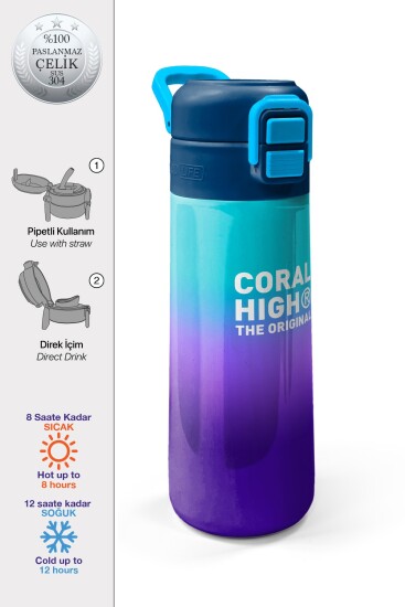 Coral High Kids Mor Renk Geçişli Desenli Pipetli ve Direkt İçim Çelik Termos 500 ml 31964 