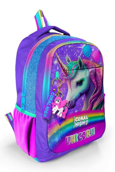 Coral High Kids Mor Simli Unicorn Desenli Üç Bölmeli Okul Sırt Çantası 23663 