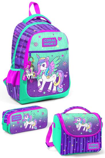 Coral High Kids Mor Su Yeşili Unicorn Desenli 3’lü Okul Çanta Seti SET0123487 - Coral High KIDS