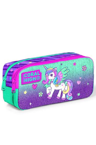 Coral High Kids Mor Su Yeşili Unicorn Desenli İki Bölmeli Kalem Çantası 12059 