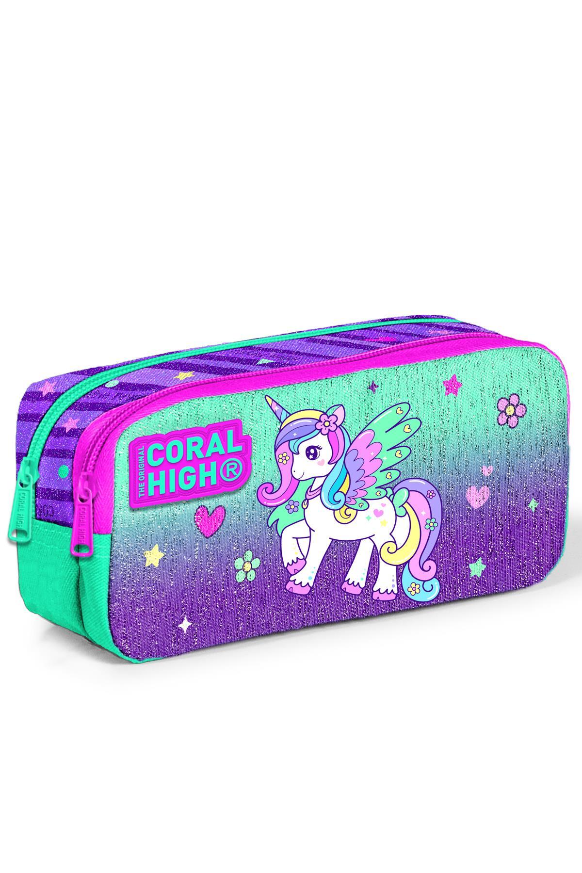 Coral High Kids Mor Su Yeşili Unicorn Desenli İki Bölmeli Kalem Çantası 12059