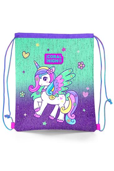 Coral High Kids Mor Su Yeşili Unicorn Desenli İpli Büzgülü Sırt Çantası 22691 - Coral High KIDS