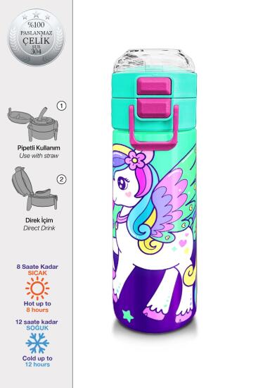 Coral High Kids Mor Su Yeşili Unicorn Desenli Pipetli ve Direkt İçim Çelik Termos 500 ml 31805 - Coral High KIDS