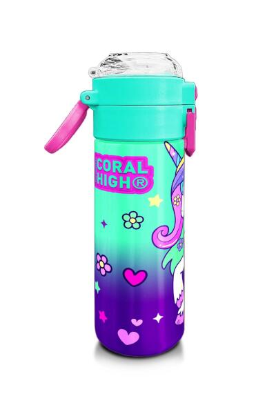 Coral High Kids Mor Su Yeşili Unicorn Desenli Pipetli ve Direkt İçim Çelik Termos 500 ml 31805 - 2