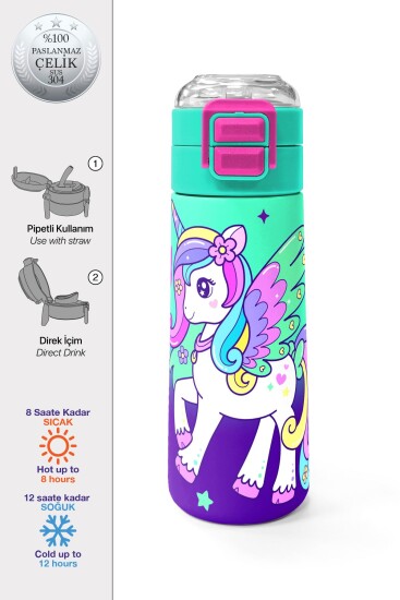 Coral High Kids Mor Su Yeşili Unicorn Desenli Pipetli ve Direkt İçim Çelik Termos 500 ml 31805 