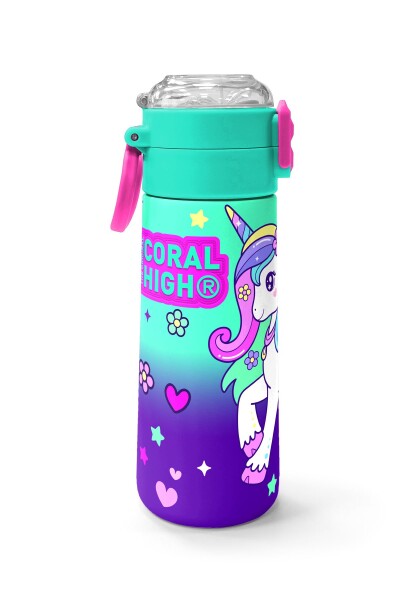 Coral High Kids Mor Su Yeşili Unicorn Desenli Pipetli ve Direkt İçim Çelik Termos 500 ml 31805 - 2