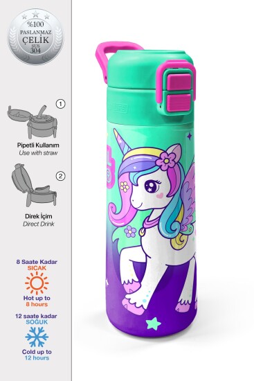 Coral High Kids Mor Su Yeşili Unicorn Desenli Pipetli ve Direkt İçim Çelik Termos 500 ml 31805 