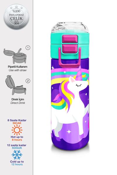 Coral High Kids Mor Su Yeşili Unicorn Desenli Pipetli ve Direkt İçim Çelik Termos 500 ml 31818 - 1